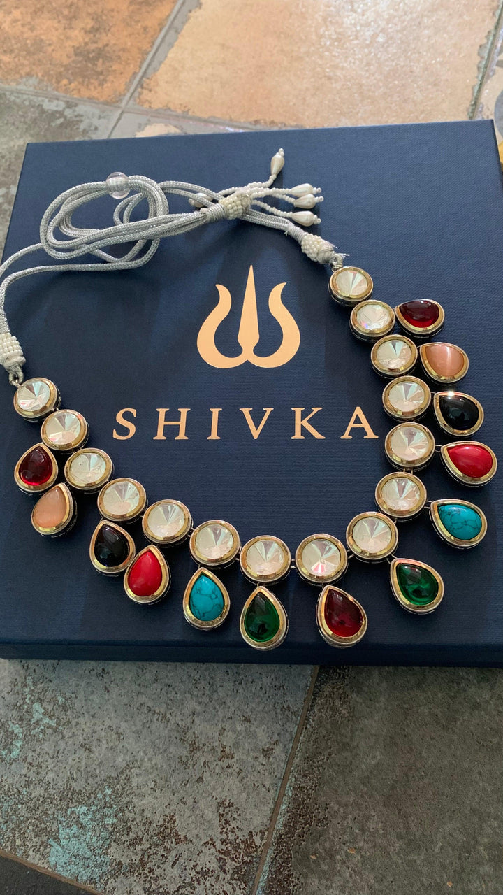 Vintage Stones Kundan Necklace with Statement Earrings - SHIVKA