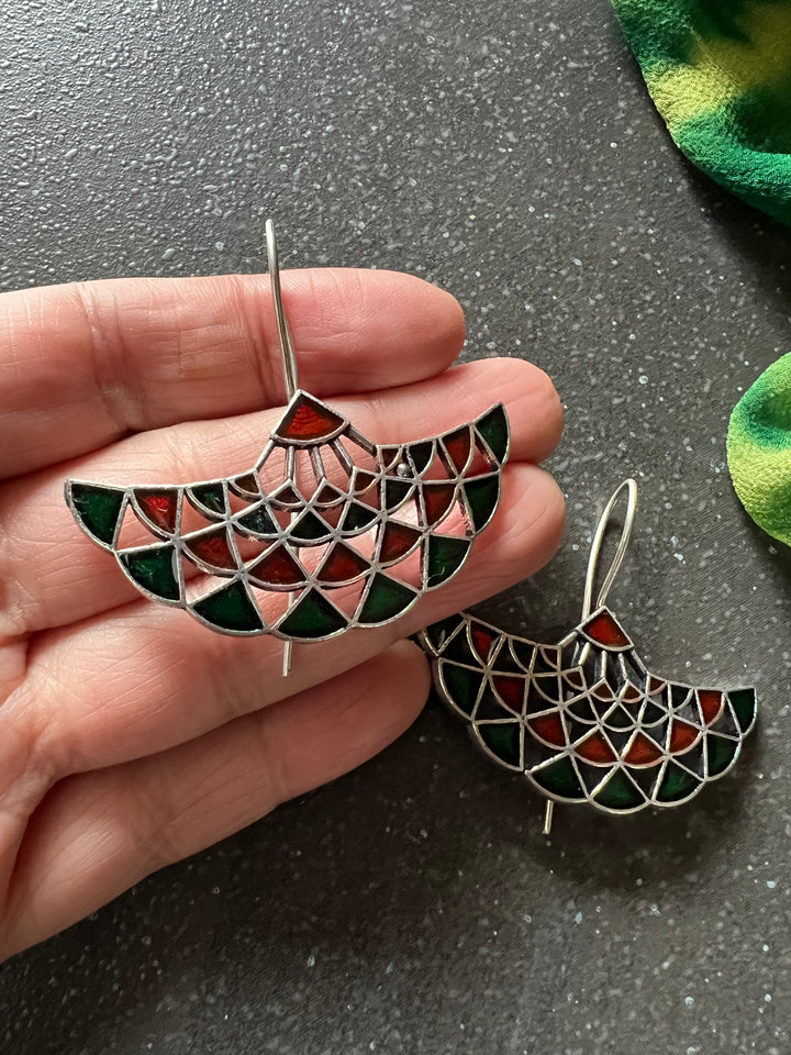 Red and Green Enamelled Brass Earrings