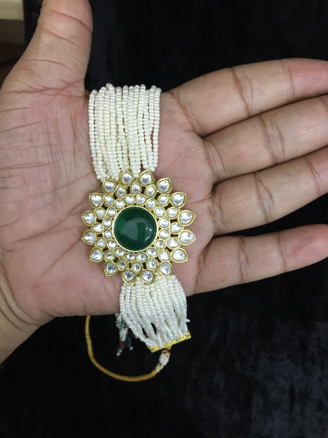 Green Kundan and Pearl Choker with Earrings - SHIVKA