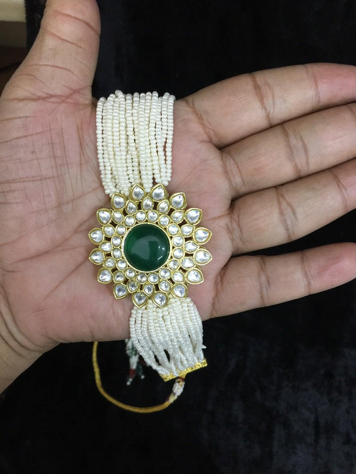 Green Kundan and Pearl Choker with Earrings - SHIVKA