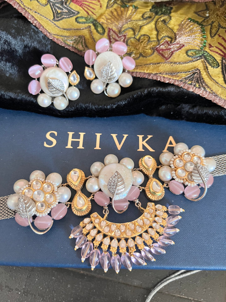 Designer Pearl and Quartz Choker with Studs