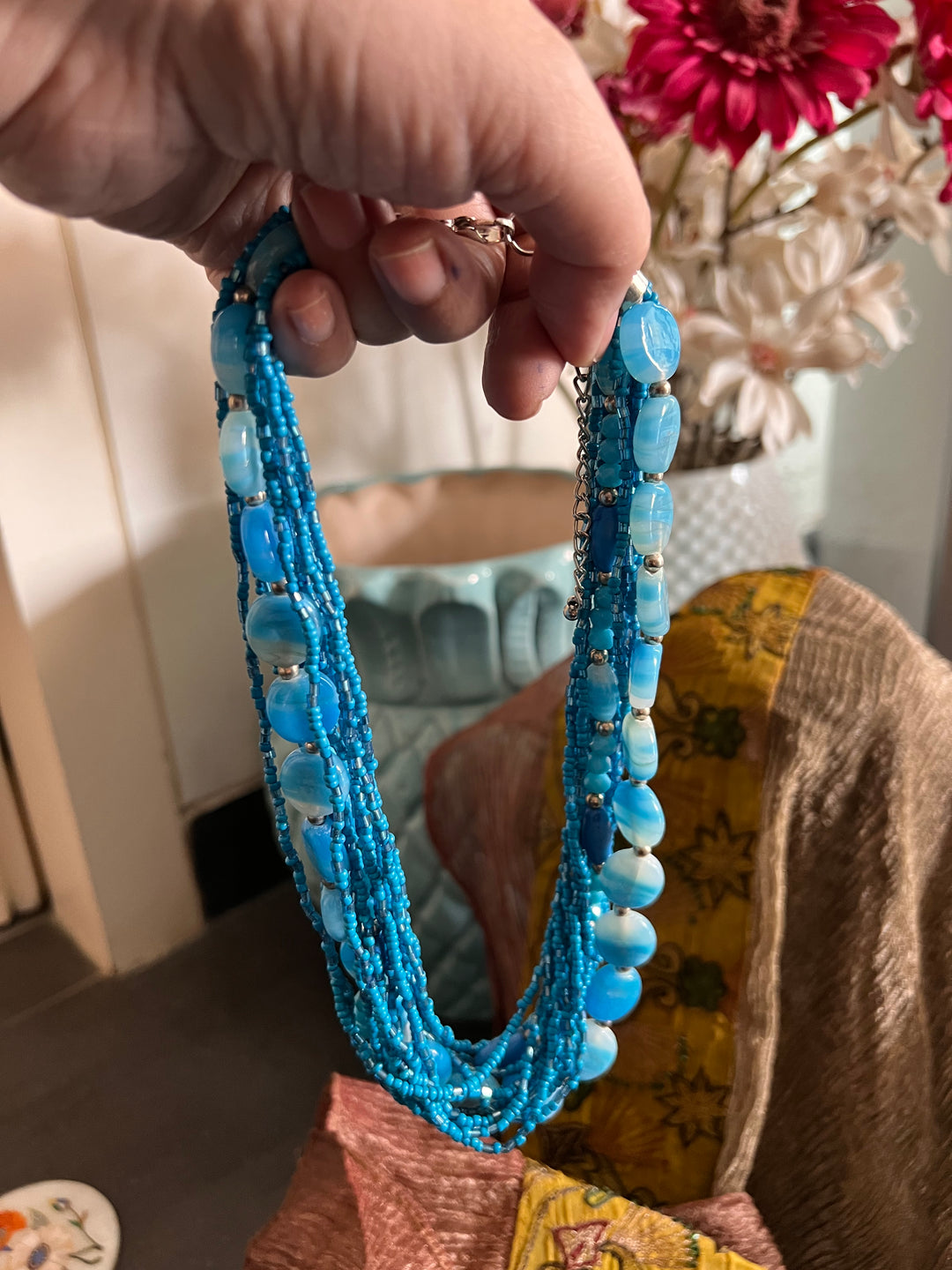 Blue Beaded Necklace with Turquoise Studs