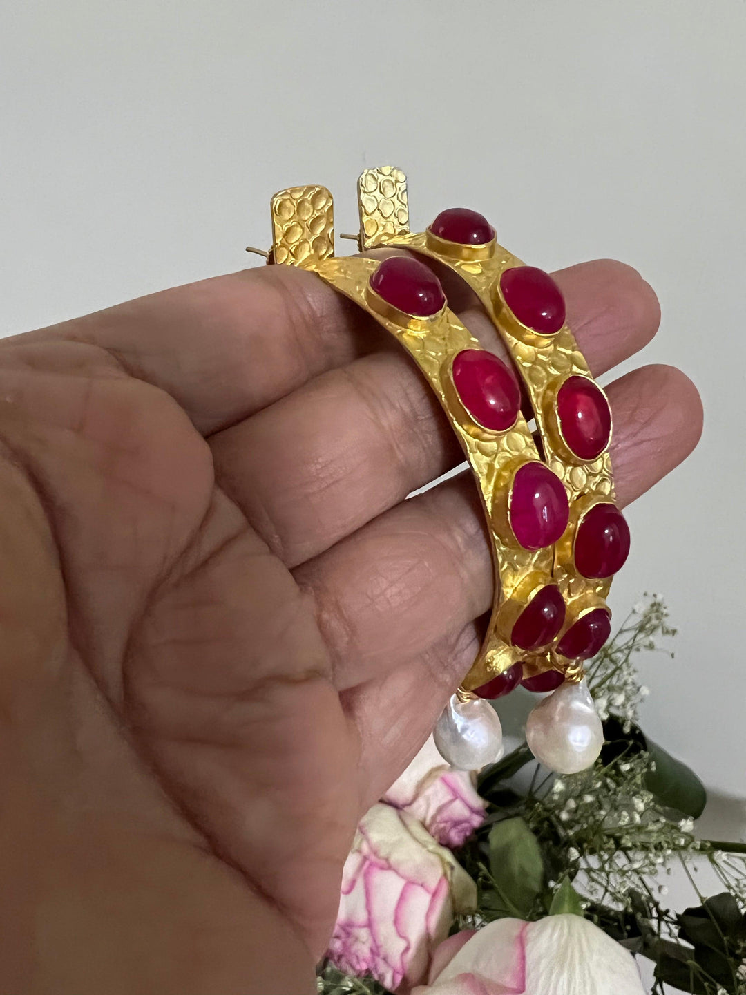 Natural Gemstones Pearl Drop Designer Hoops - SHIVKA