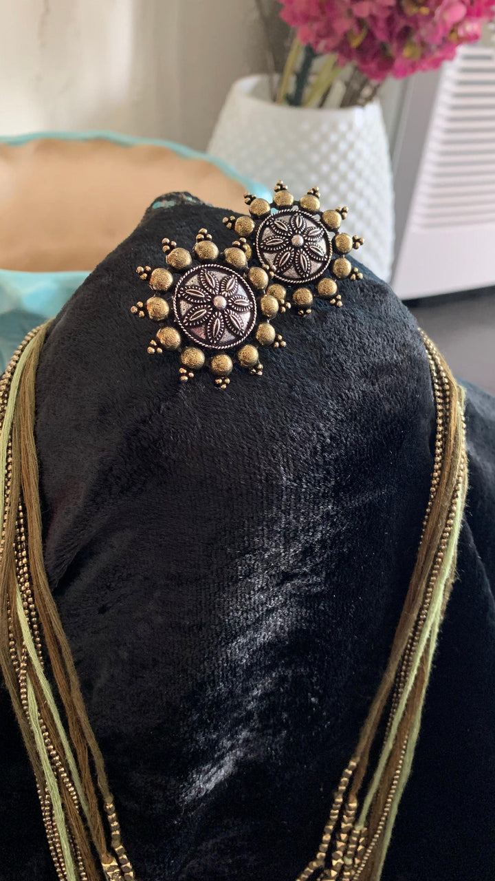 Olive Green and Antique Gold Beaded Long Necklace with Brass Studs - SHIVKA