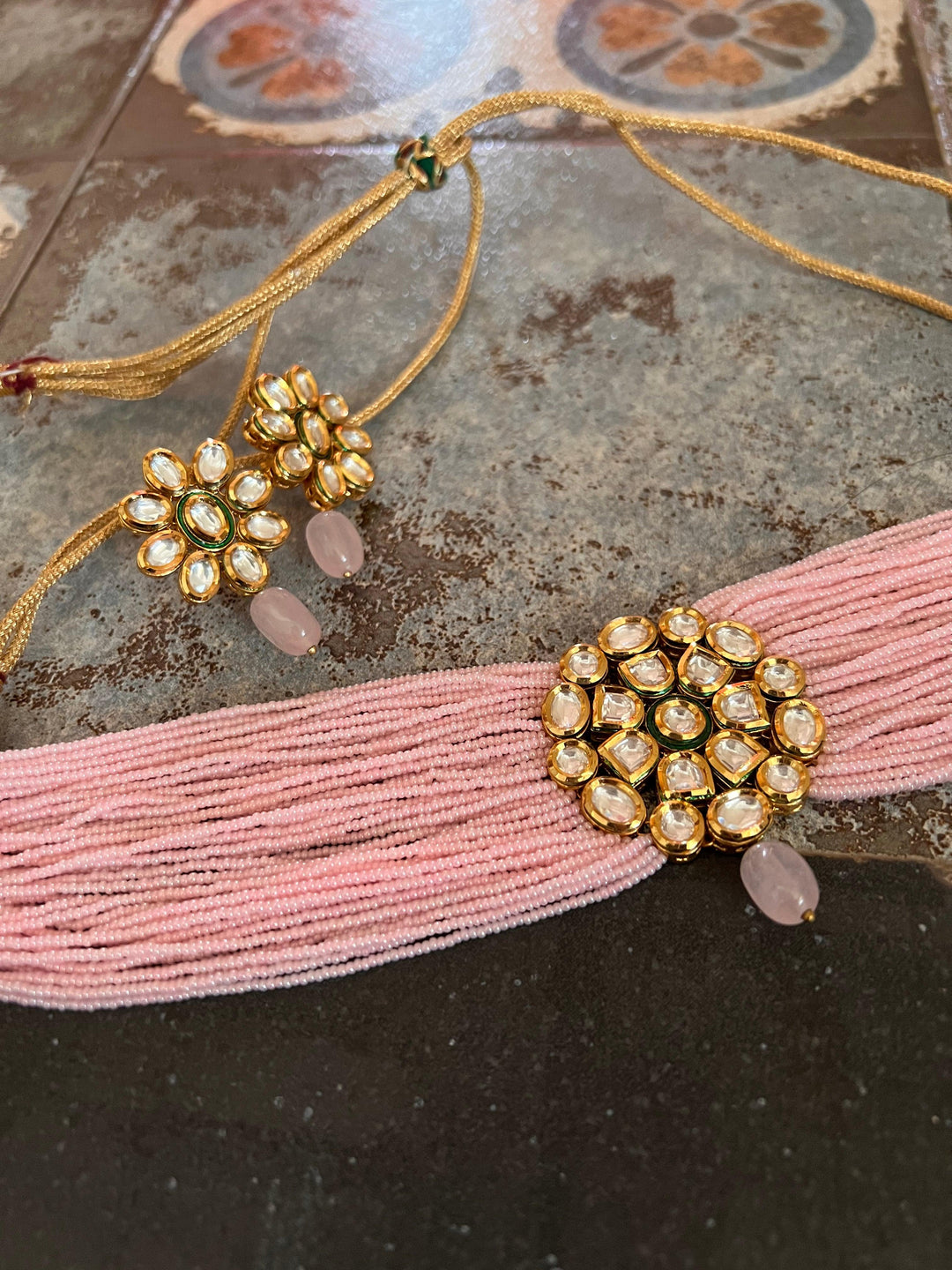 Pink Kundan Choker with Earrings - SHIVKA