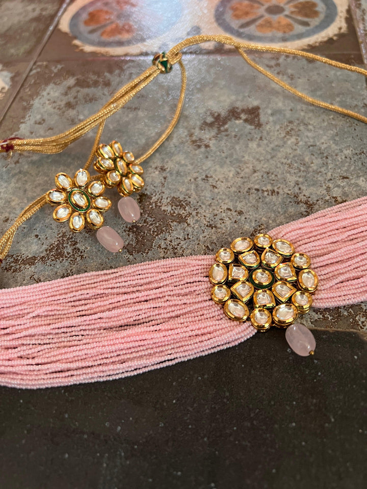 Pink Kundan Choker with Earrings - SHIVKA