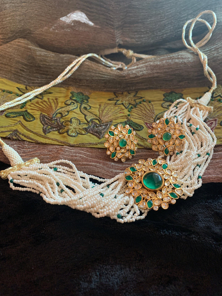 Pearl Kundan Choker Necklace with Studs - SHIVKA
