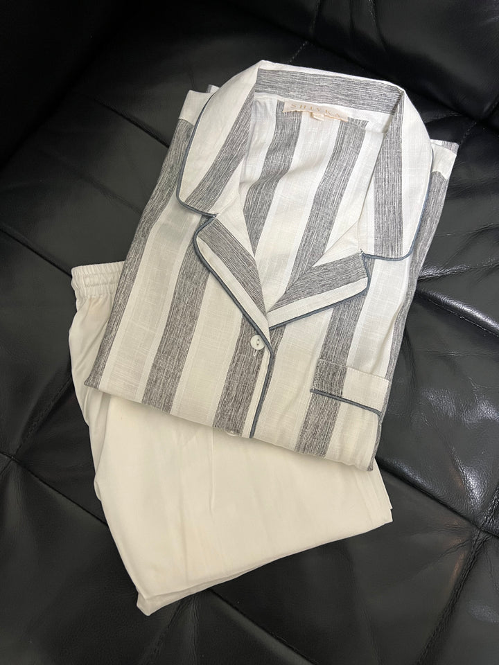 Grey and White Cotton Night Suit - Set of Two