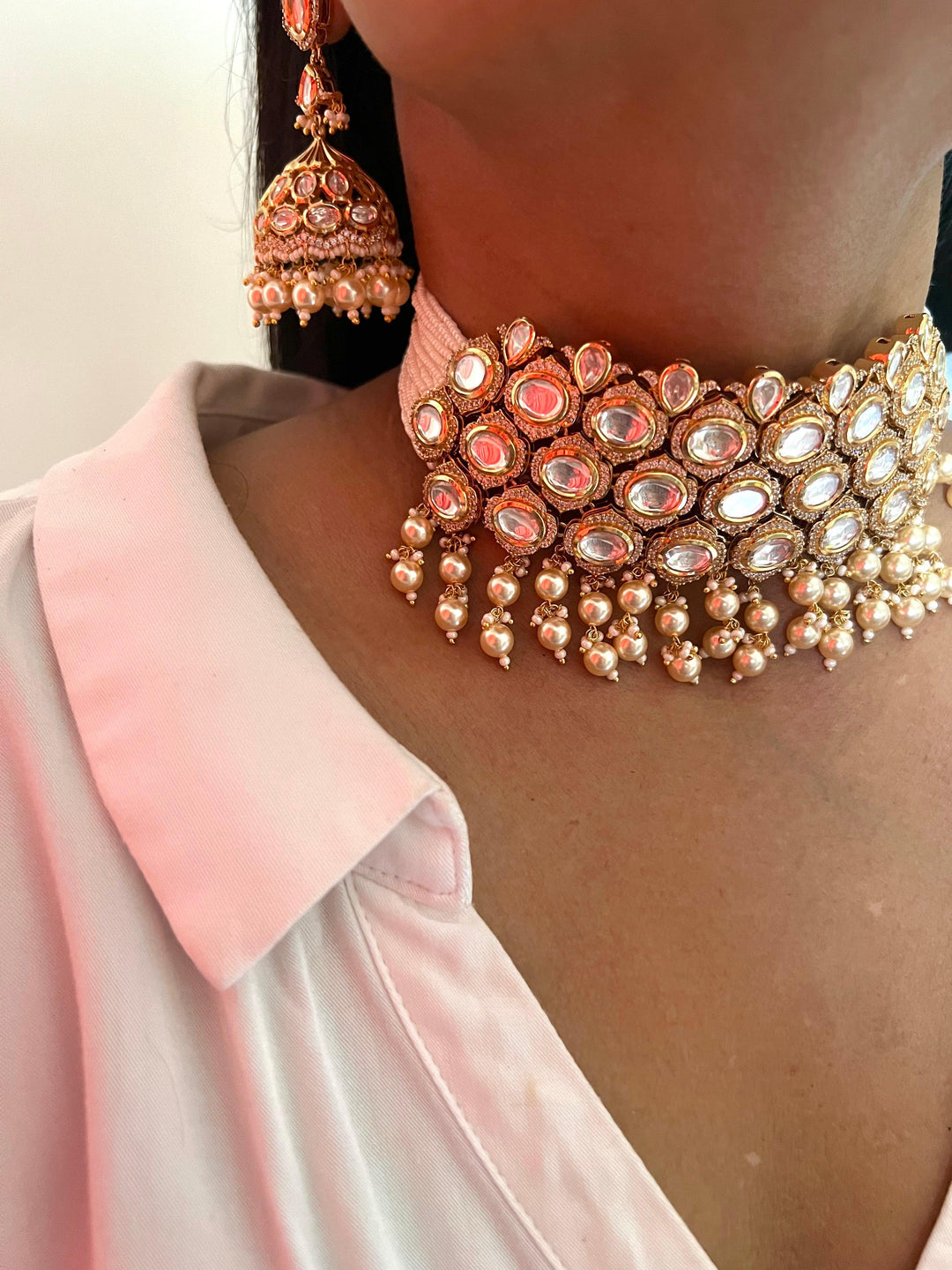 Scintillating Pearls and Kundan Choker with Jhumka Earrings - SHIVKA