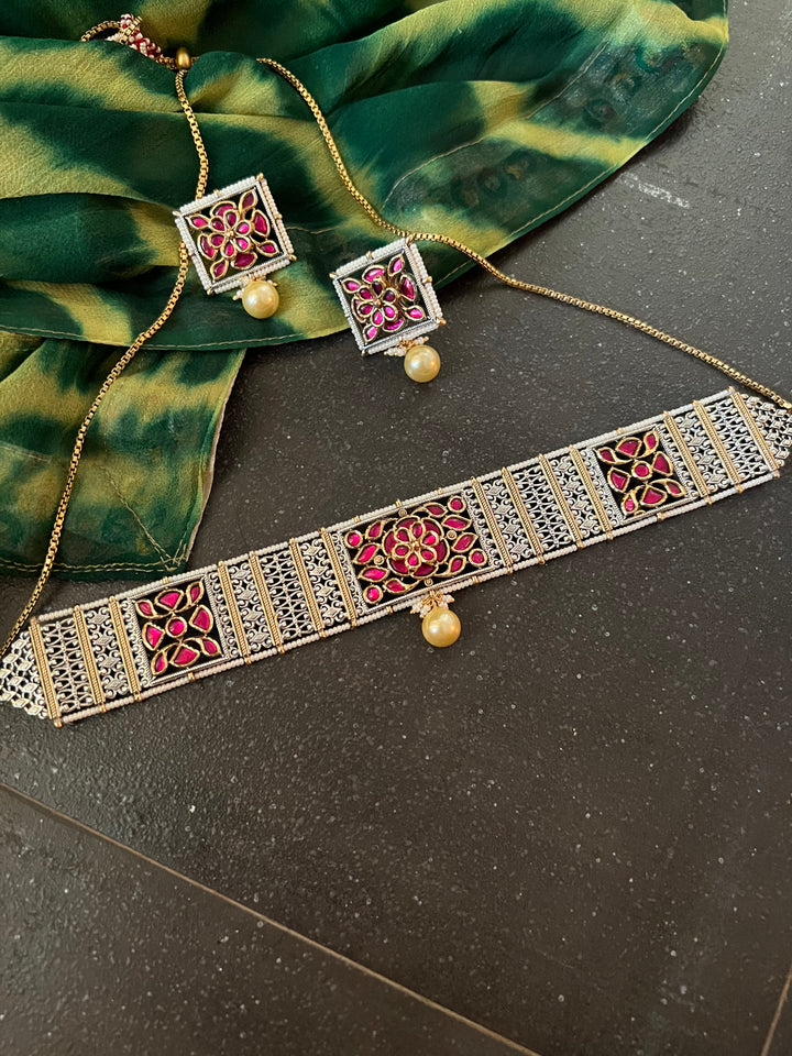 Fusion Silver Kundan Choker with Earrings