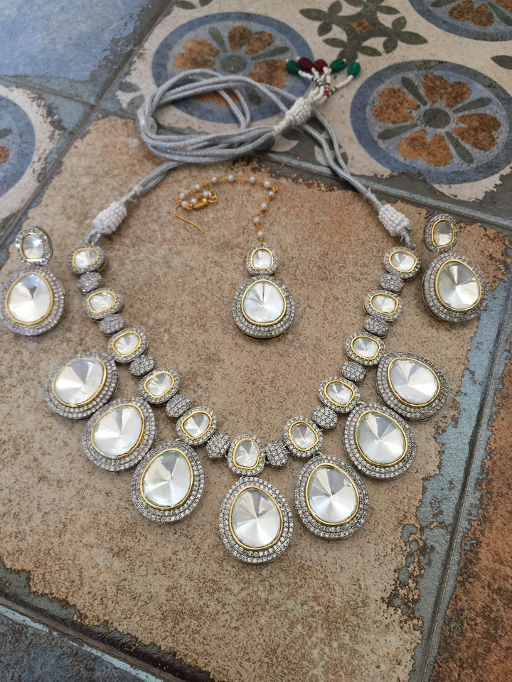 High Quality Uncut Polki Kundan Necklace with Earrings and Mangtikka