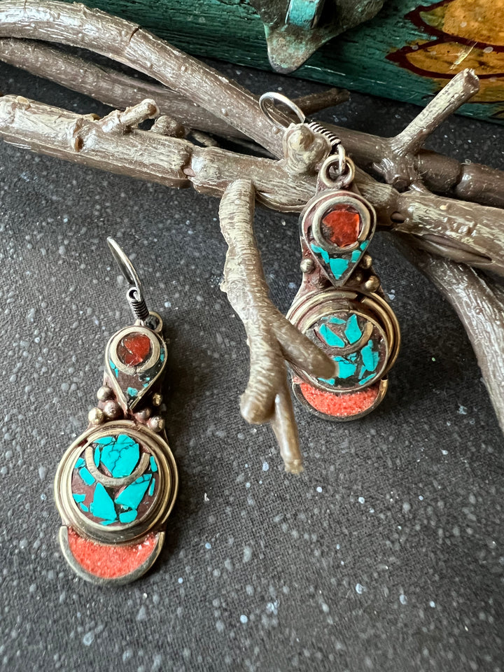 Antique Turquoise and Coral Danglers