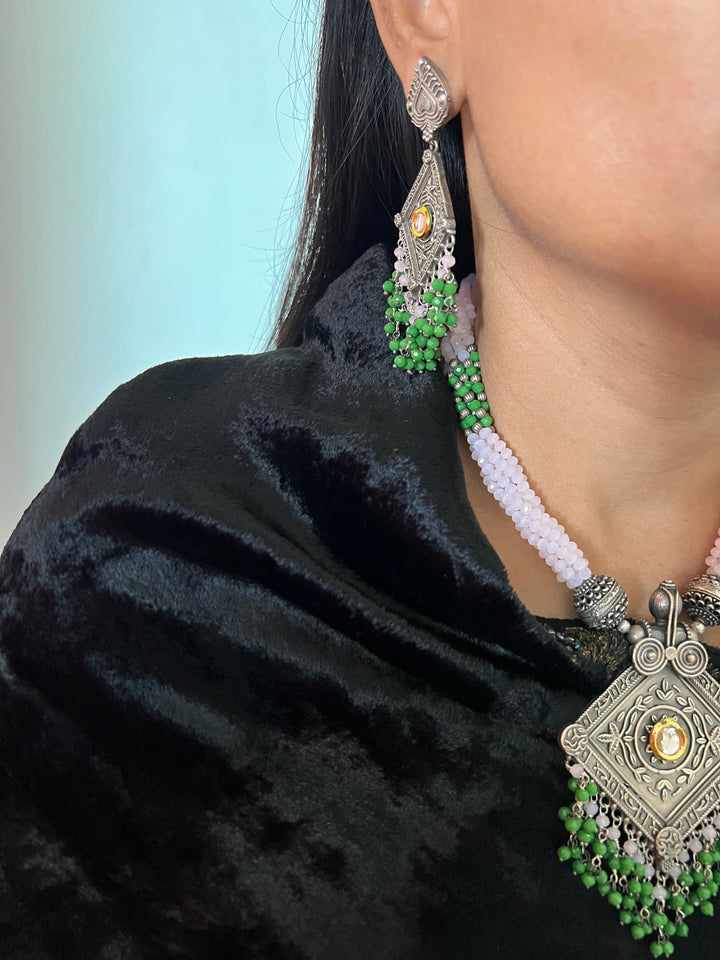 Beautiful Green and Pink Pendant Necklace with Statement Earrings