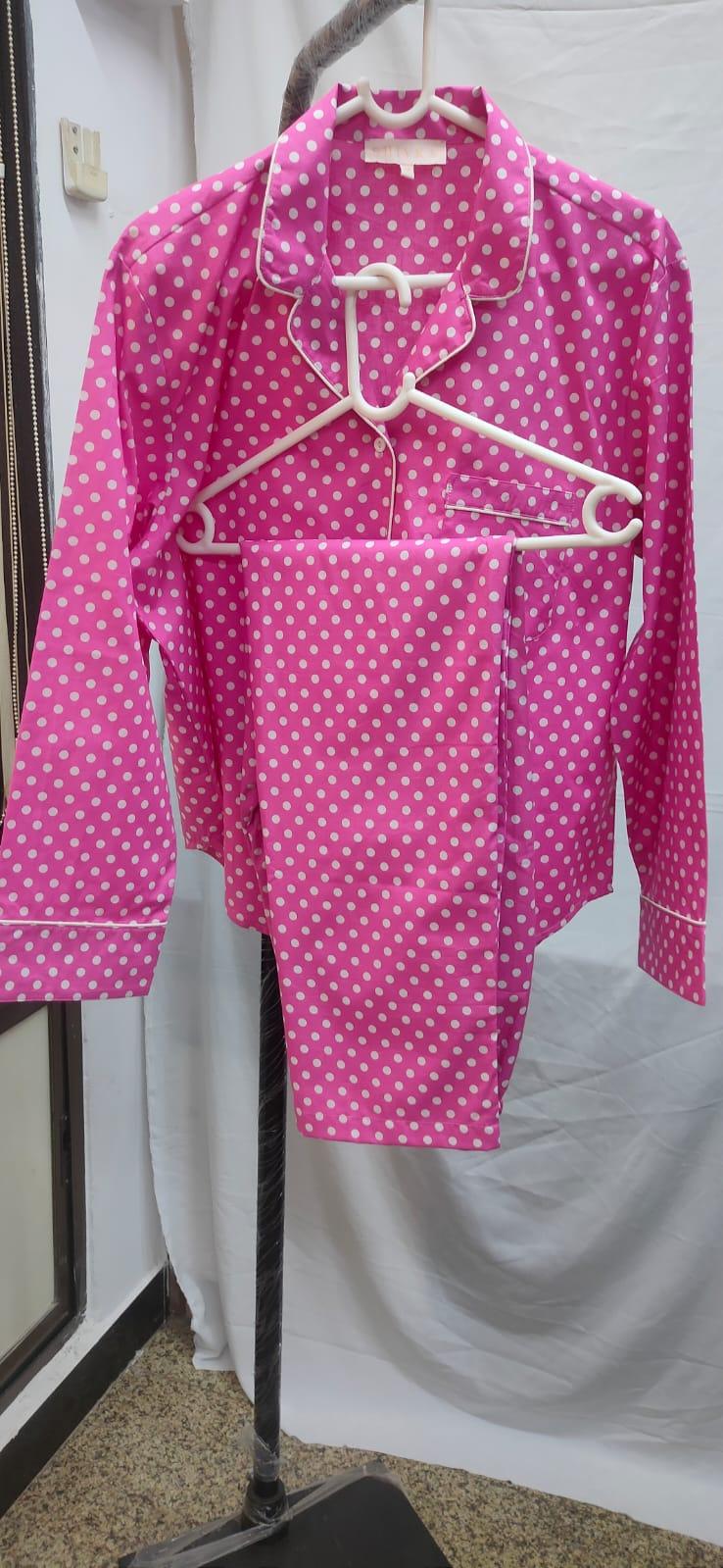 Pink Polka Cotton Night Suit - SHIVKA