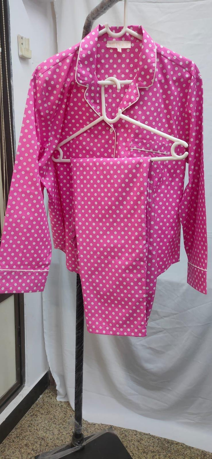 Pink Polka Cotton Night Suit - SHIVKA