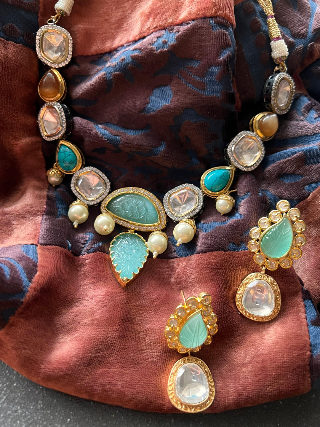 Scintillating Multicolored  Kundan Necklace with Statement Earrings - SHIVKA
