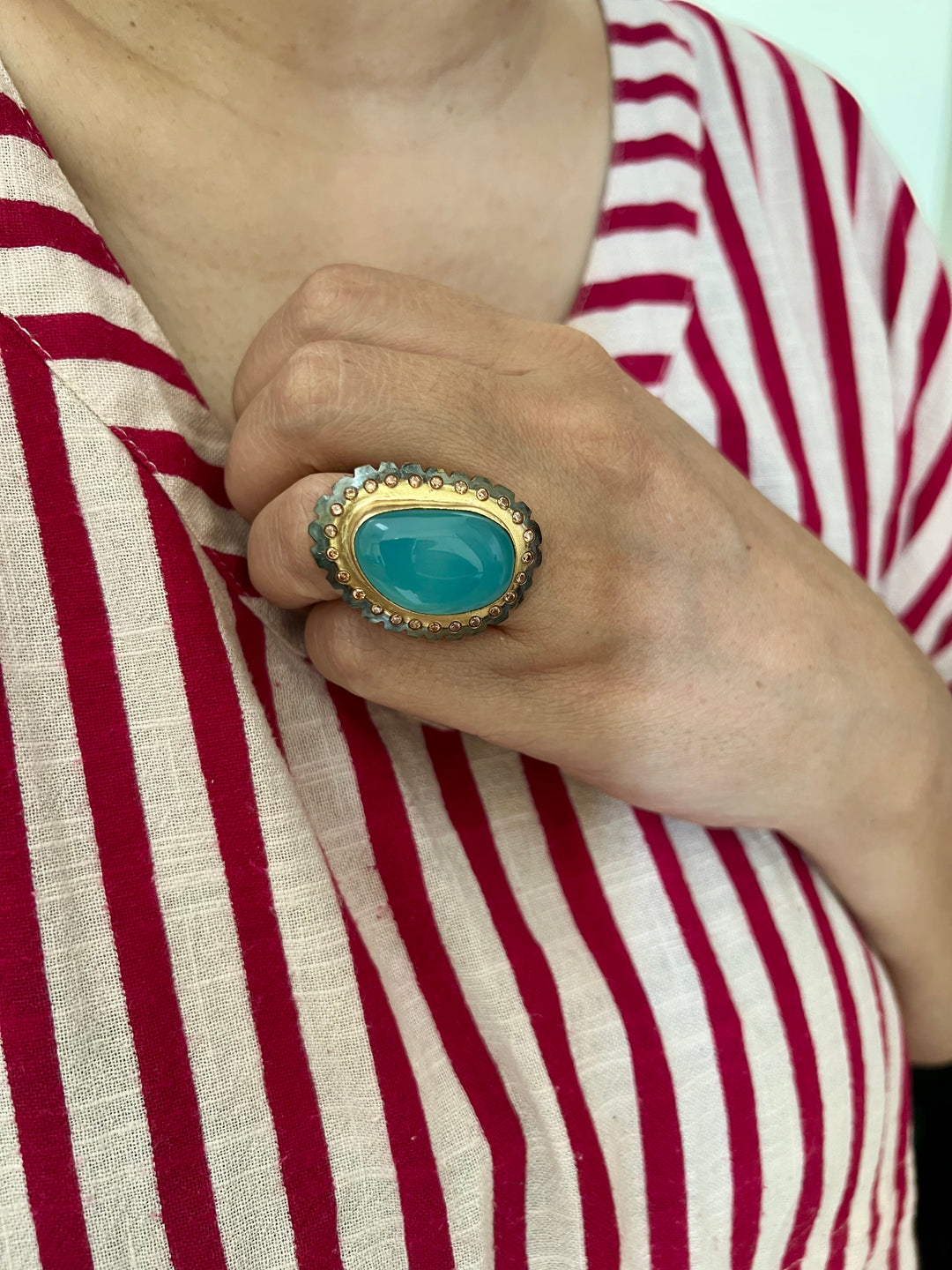 Natural Chalcedony Stone Adjustable Gold-Plated Ring | Statement Ring by SHIVKA
