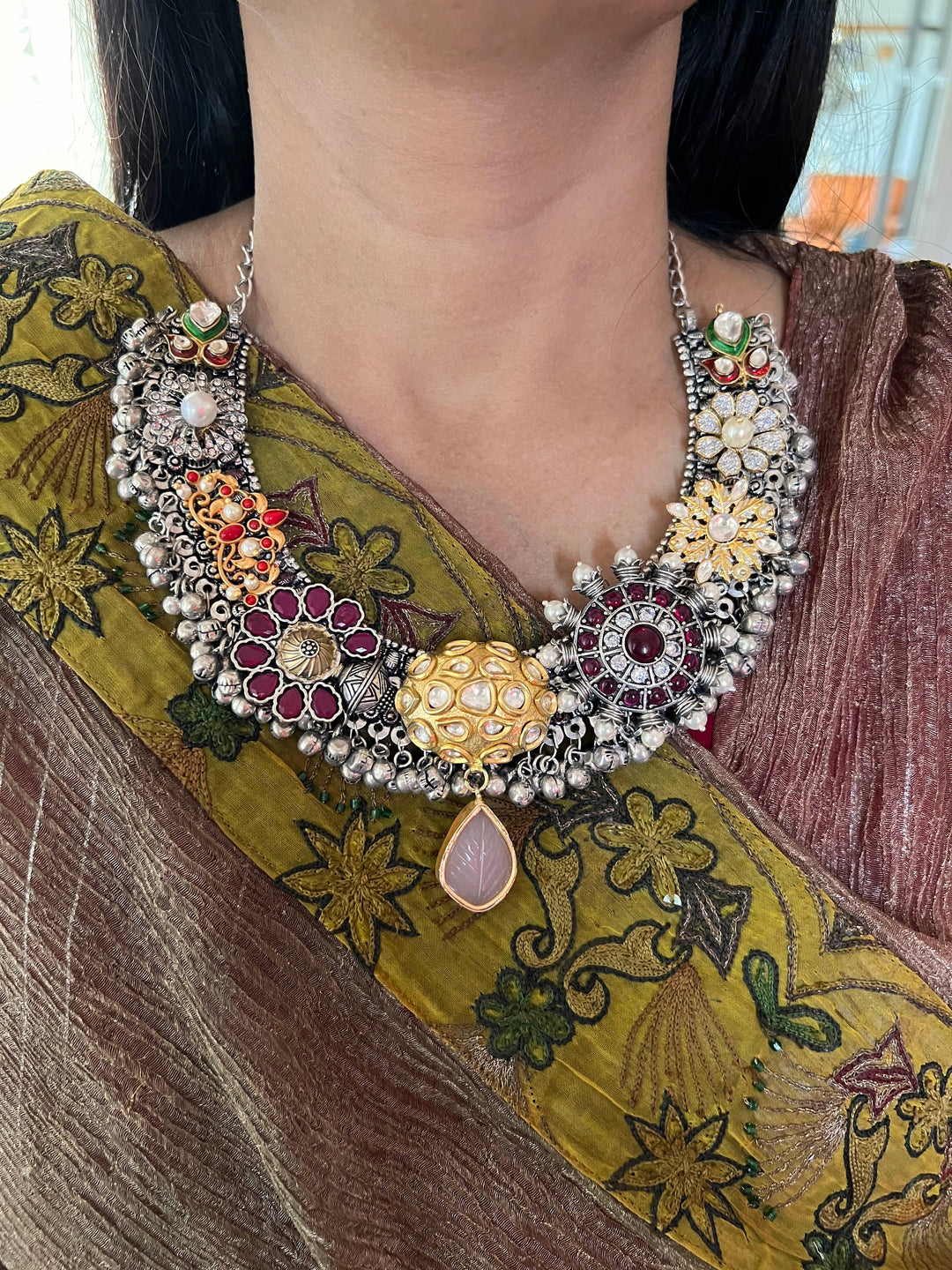 One of a Kind Designer Dual Tone Necklace with Kundan Earrings - SHIVKA