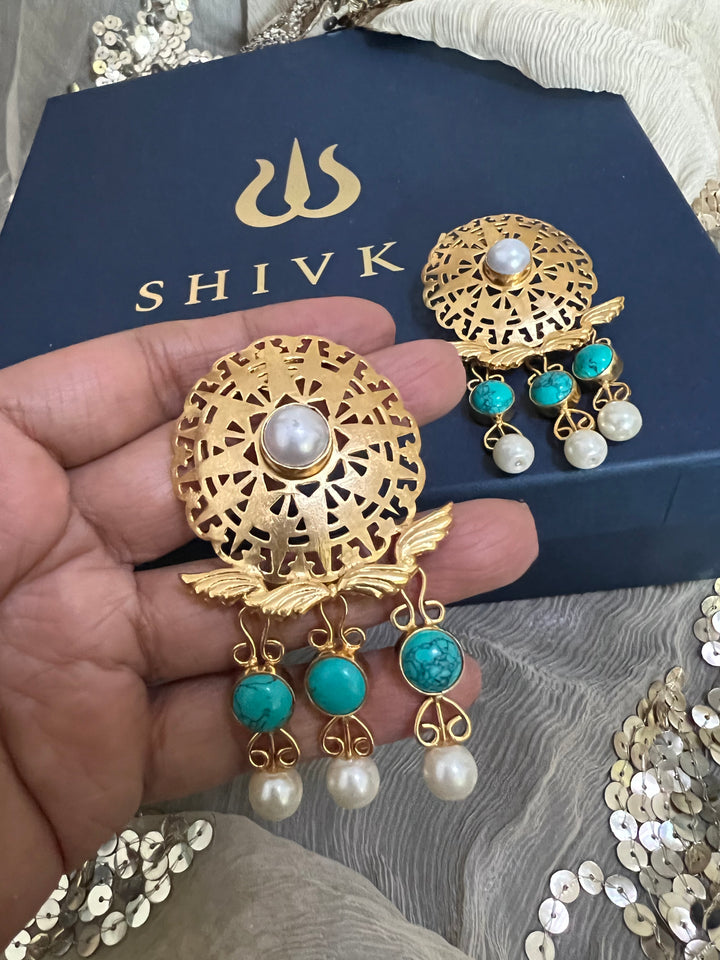 Gorgeous Pearls and Turquoise Cutwork Earrings