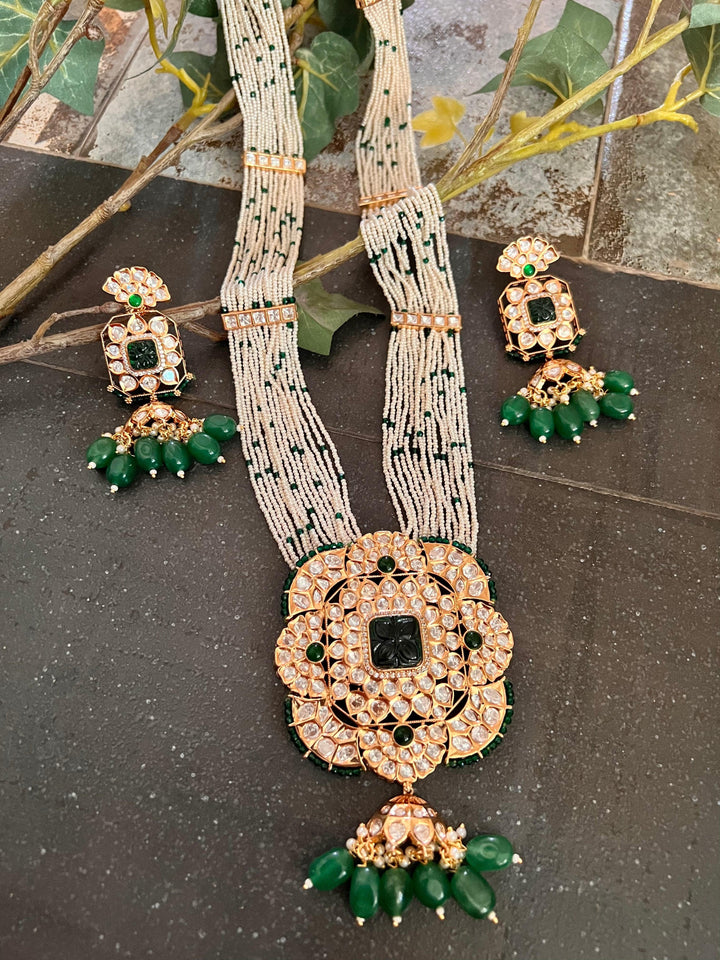 High Quality Kundan Pendant Long Necklace with Statement Earrings - SHIVKA