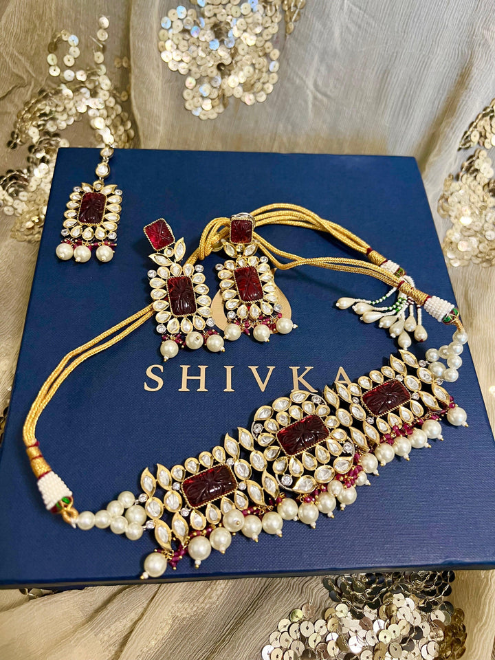 Gorgeous Carved Stone Kundan Choker with Earrings and Maangtikka - SHIVKA