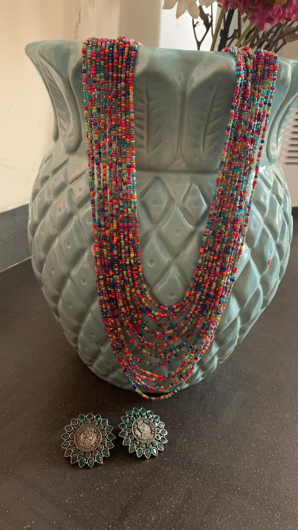 Statement Beaded Long Necklace with Oversized Brass Studs - SHIVKA