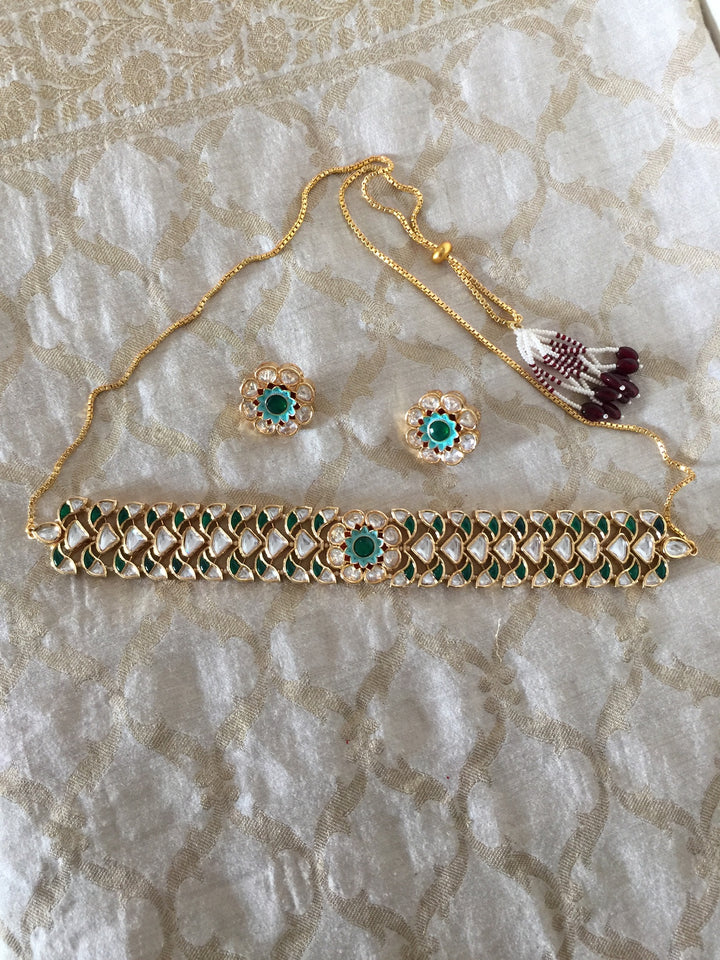 Gorgeous Green Polki Kundan Choker with Studs