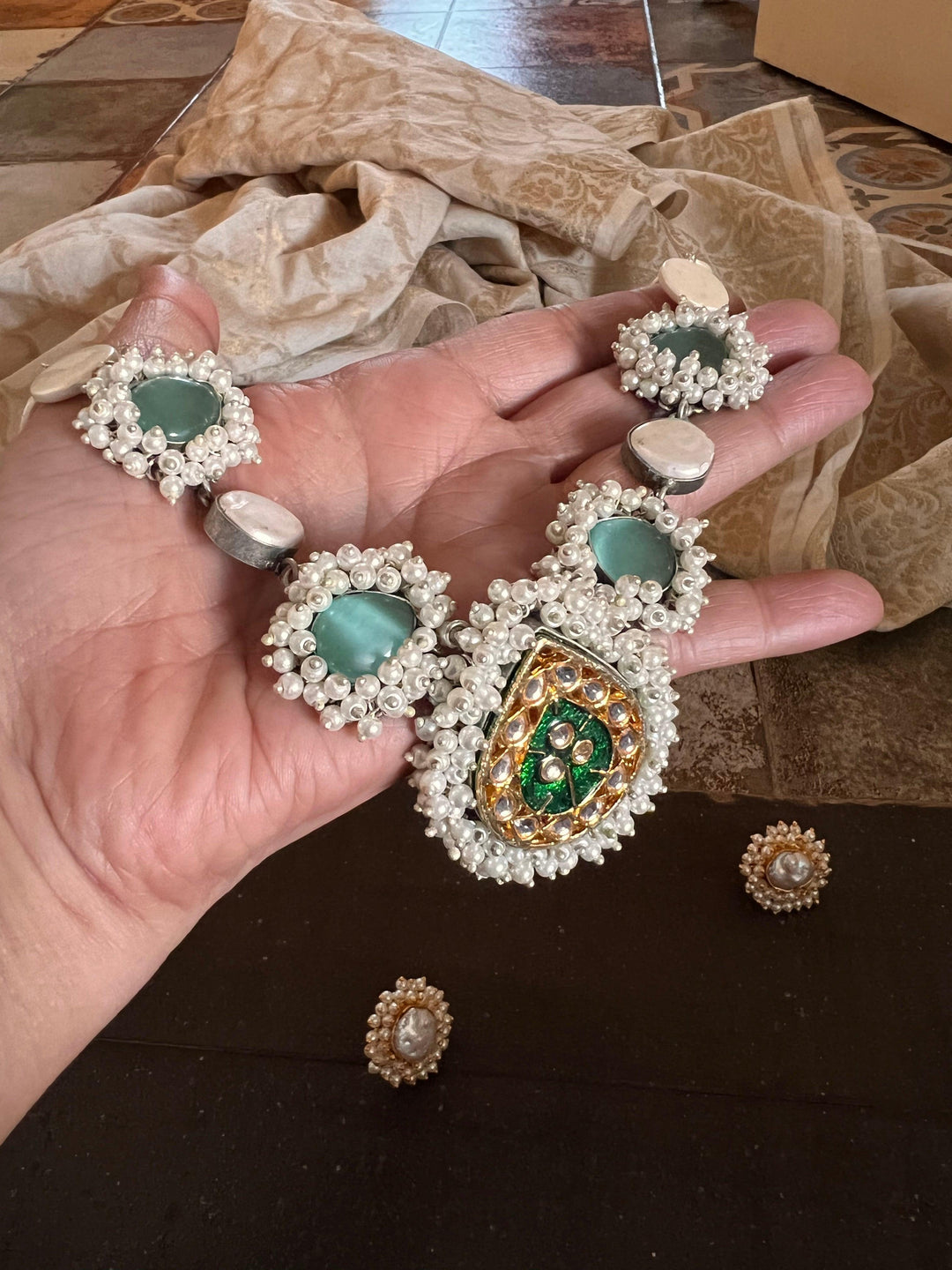 Statement Sea Green and Pearl Short Necklace with Baroque Studs - SHIVKA