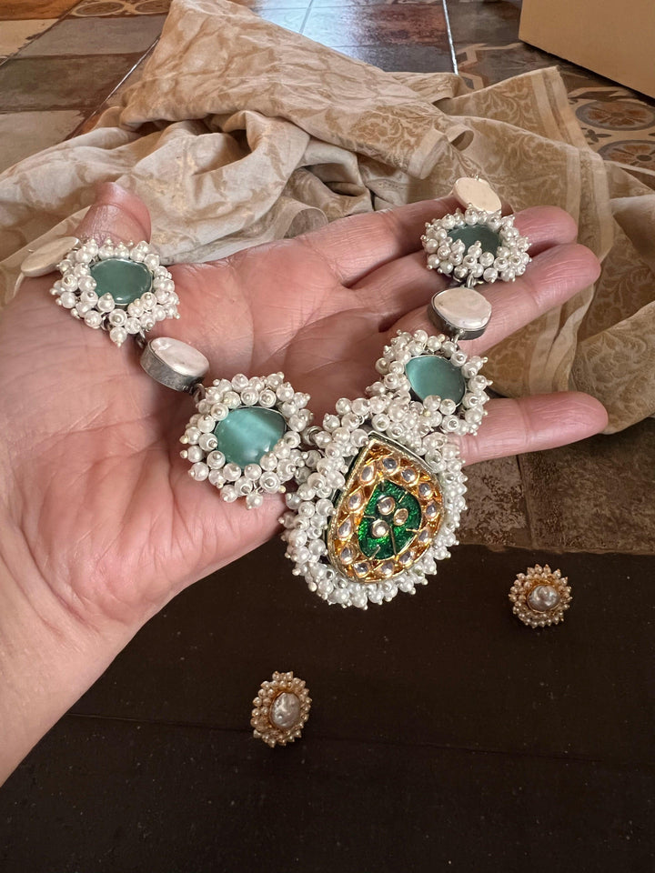 Statement Sea Green and Pearl Short Necklace with Baroque Studs - SHIVKA