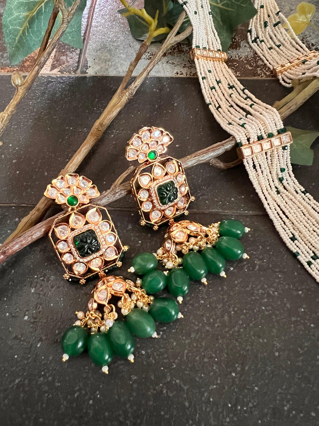 High Quality Kundan Pendant Long Necklace with Statement Earrings - SHIVKA