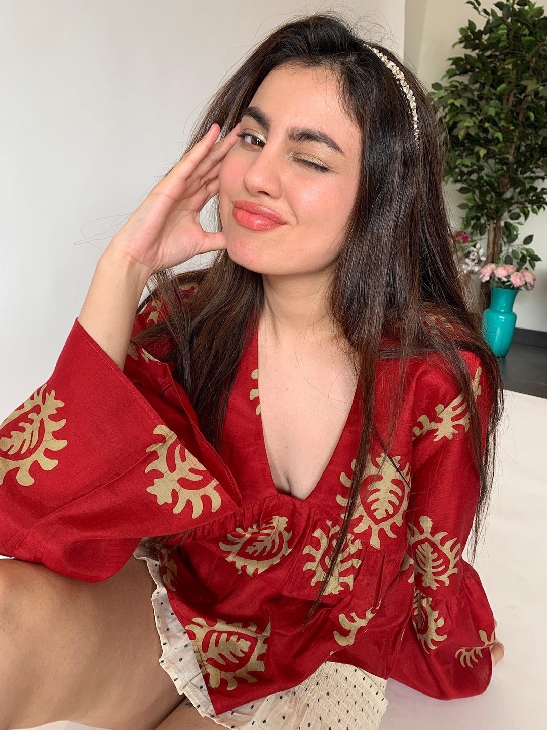 Red Motifs Top - SHIVKA