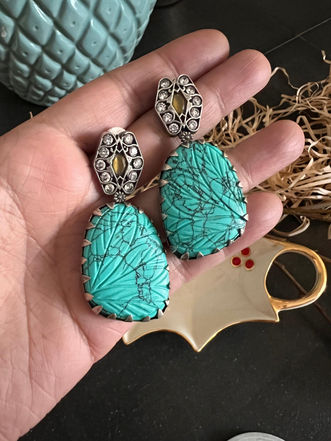 Vintage Carved Stone Danglers - SHIVKA