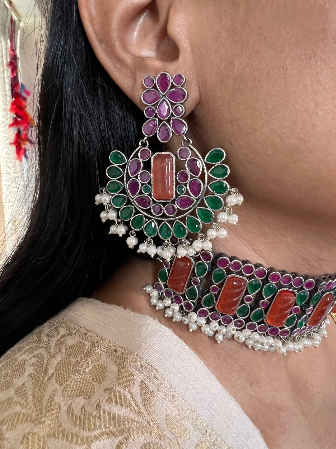 Scintillating Vintage Stones Choker with Statement Chandbaalis - SHIVKA