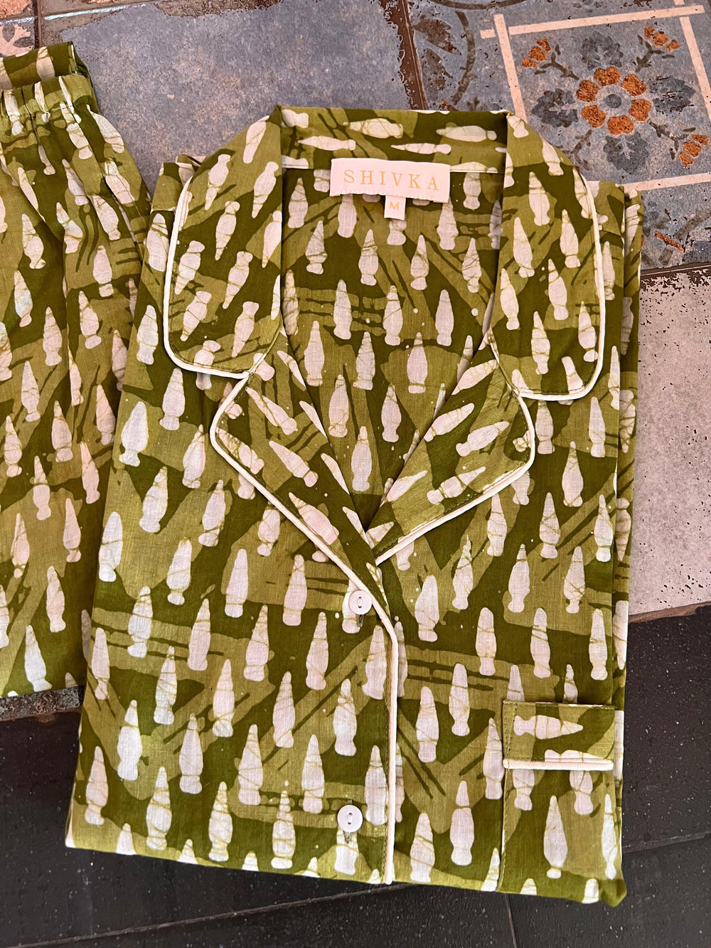 Olive Green Print Cotton Night Suit - SHIVKA