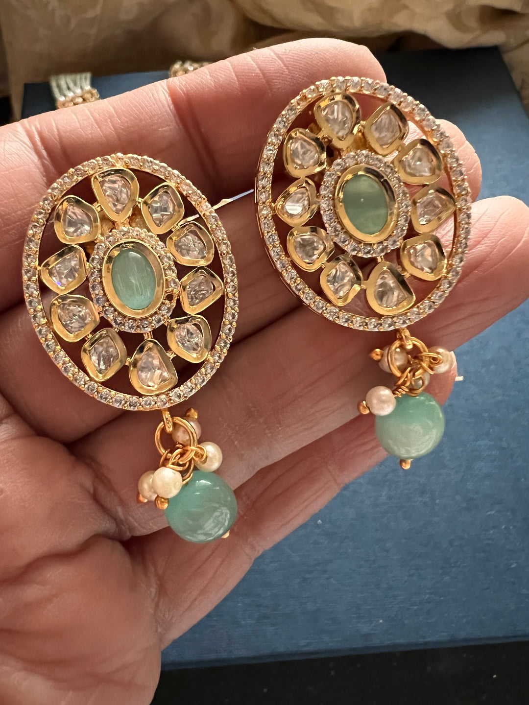 Beautiful Sea Green Kundan Pendant Necklace with Stud Earrings