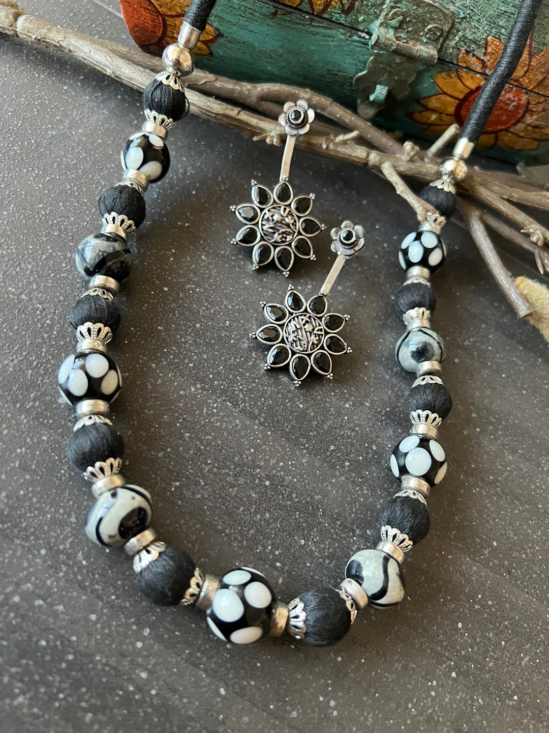 Black and Silver Beaded Necklace with Statement Earrings