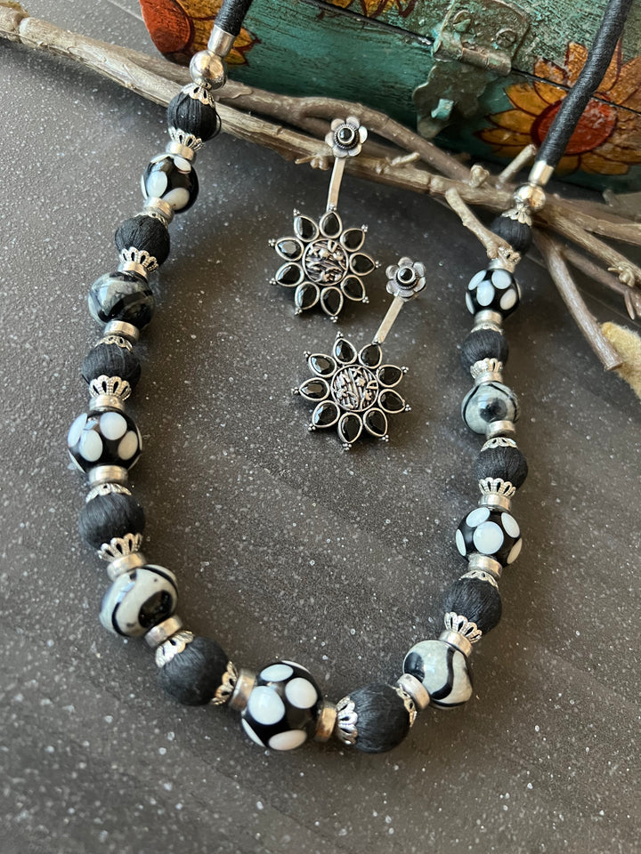 Black and Silver Beaded Necklace with Statement Earrings