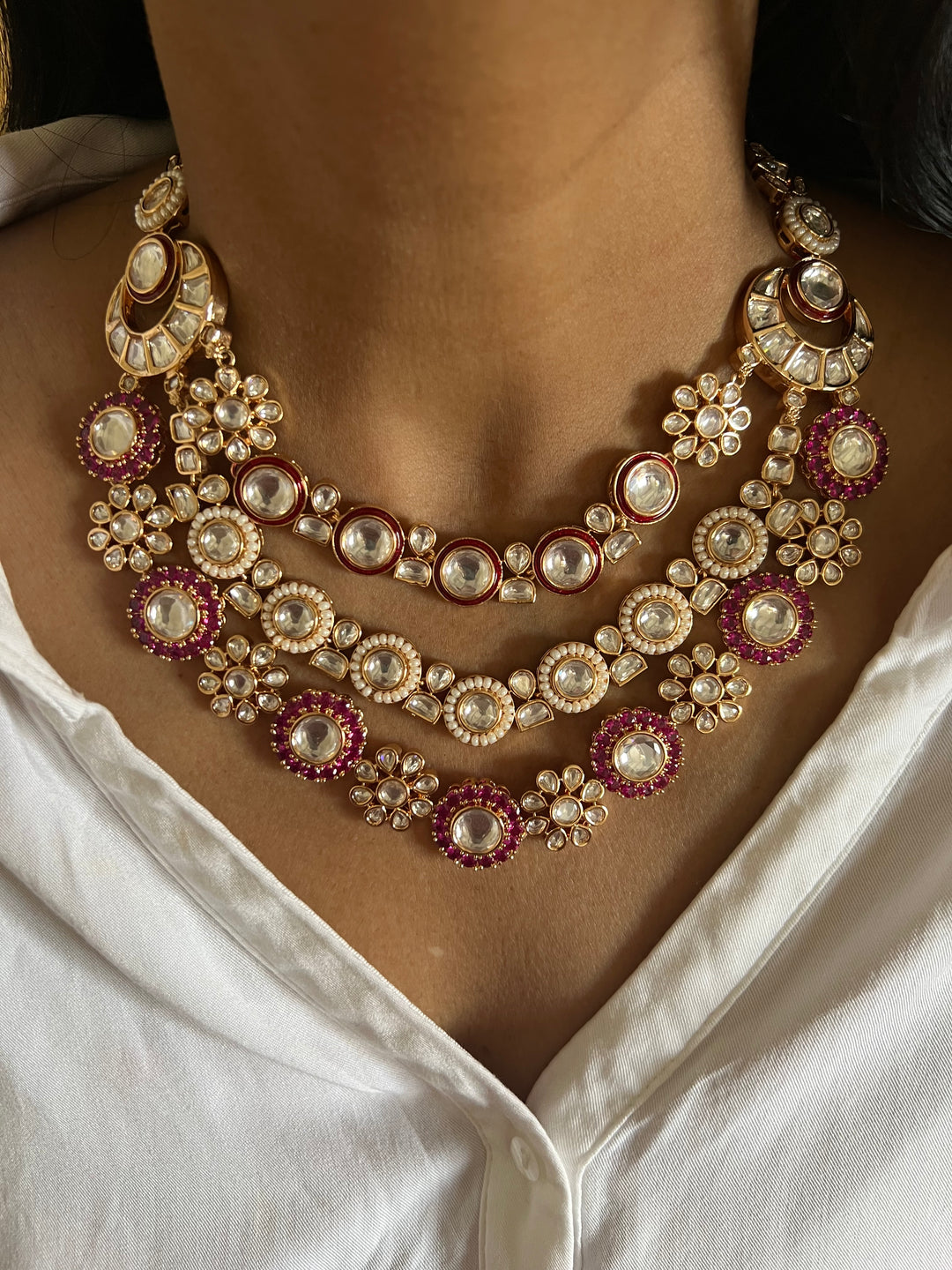 Scintillating Three Layered Kundan Necklace with Earrings
