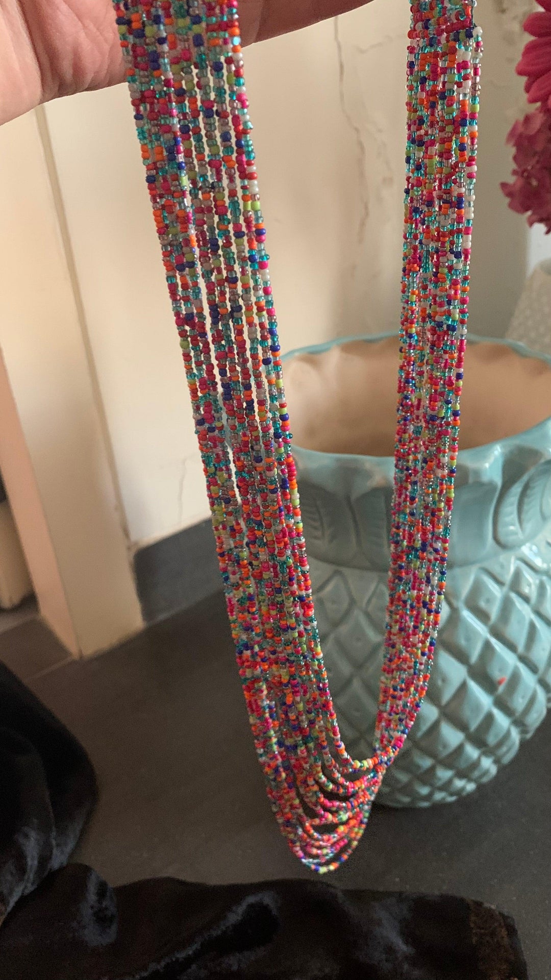 Statement Beaded Long Necklace with Oversized Brass Studs - SHIVKA