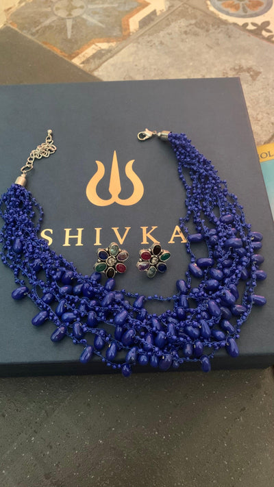 Royal Blue Beaded Short Necklace with Multicolored Floral Studs - SHIVKA