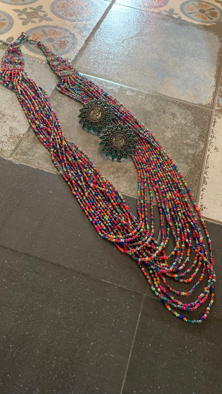 Statement Beaded Long Necklace with Oversized Brass Studs - SHIVKA