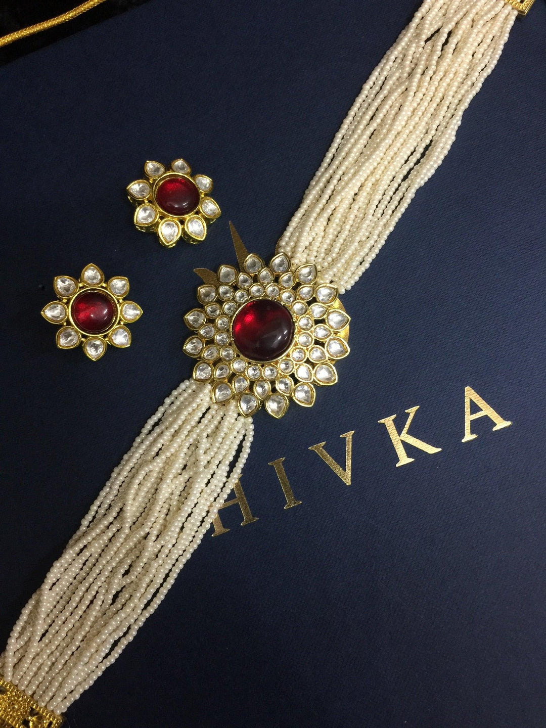 Red Kundan and Pearl Choker with Earrings - SHIVKA