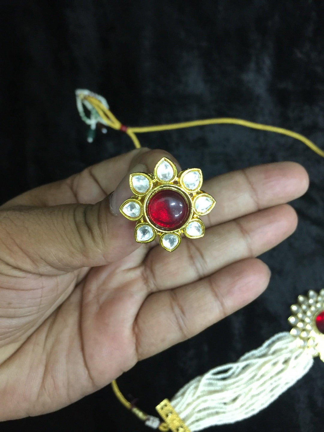 Red Kundan and Pearl Choker with Earrings - SHIVKA