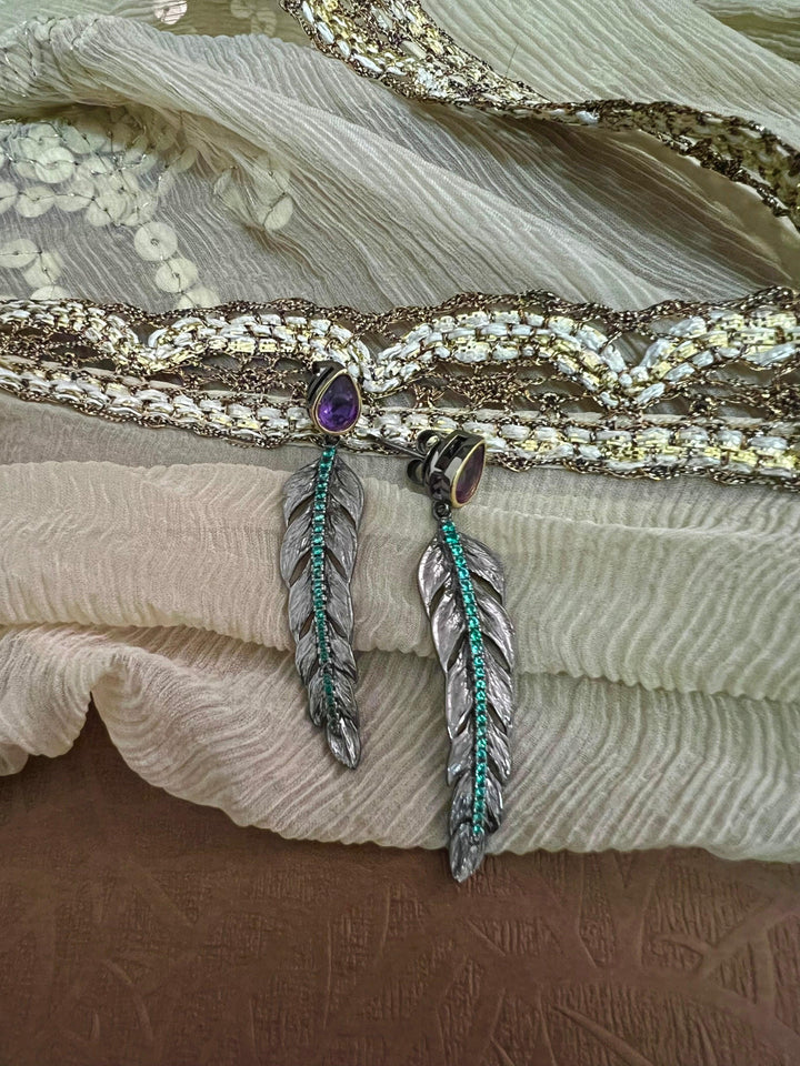 Minimalist 925 Silver Amethyst Leaf Earrings - SHIVKA