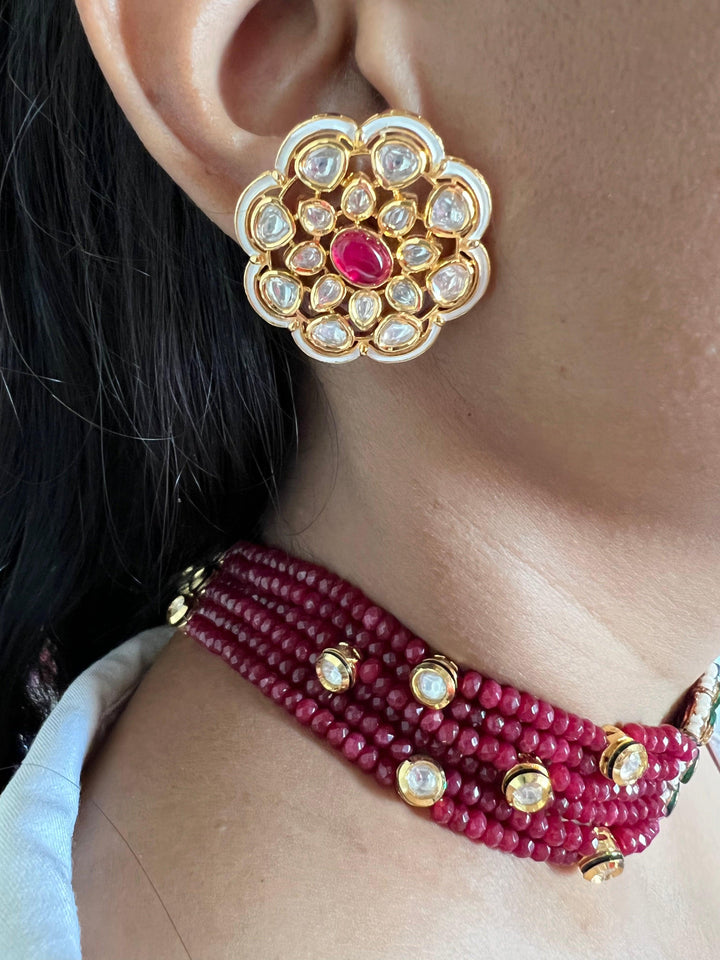 Ruby Kundan Flower Choker Necklace with Studs - SHIVKA