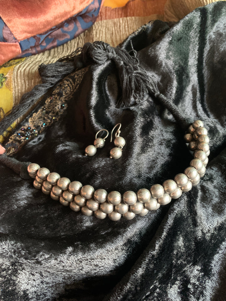 Classic Silver Beads Choker with Earrings