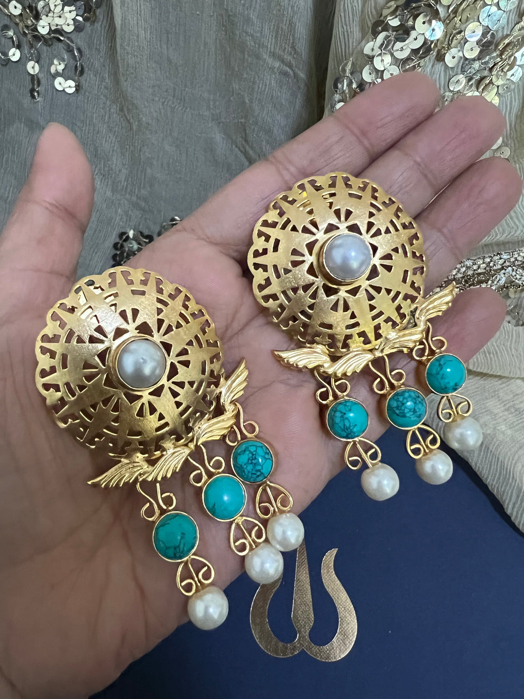 Gorgeous Pearls and Turquoise Cutwork Earrings