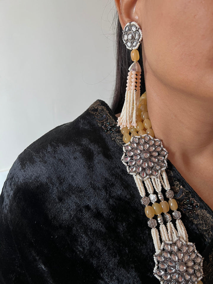 Multilayered Antique Kundan Necklace with Earrings - SHIVKA