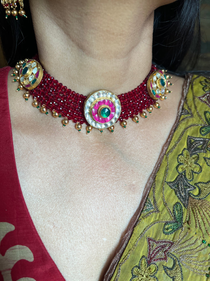 Maroon Chatai Choker with Earrings
