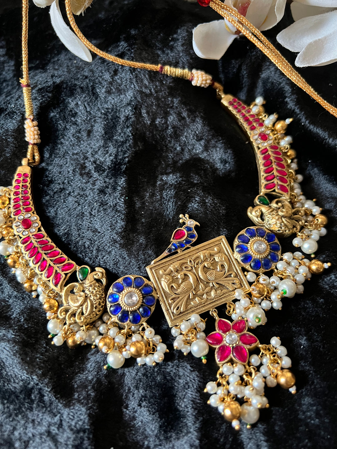 Designer Wedding Necklace with Kundan Earrings/ Antique Kempu Mayura Necklace